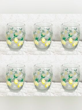 Cristar 6 Watercolor Lemons White Floral Stemless Wine Glasses Cottagecore